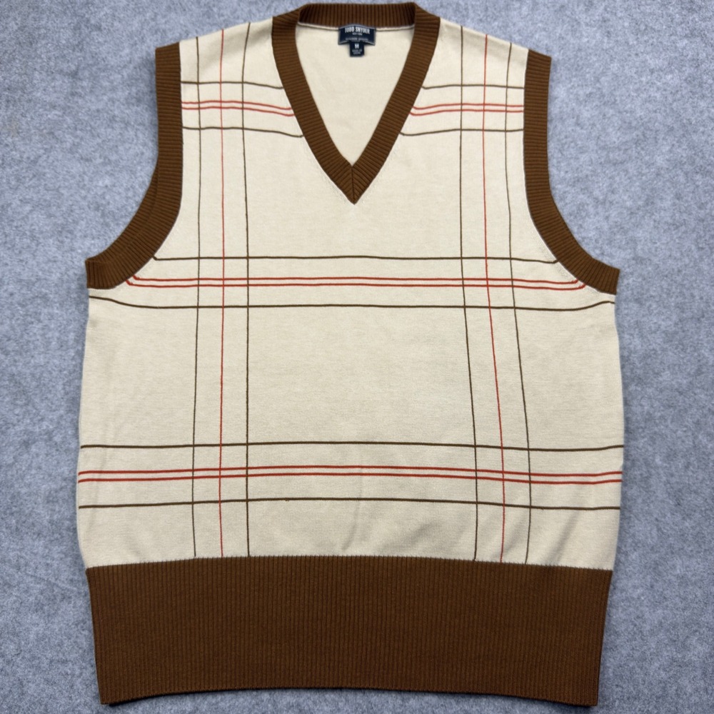 Todd Snyder Mens V-Neck Sweater Vest Natural Plaid Brown Orange Size M